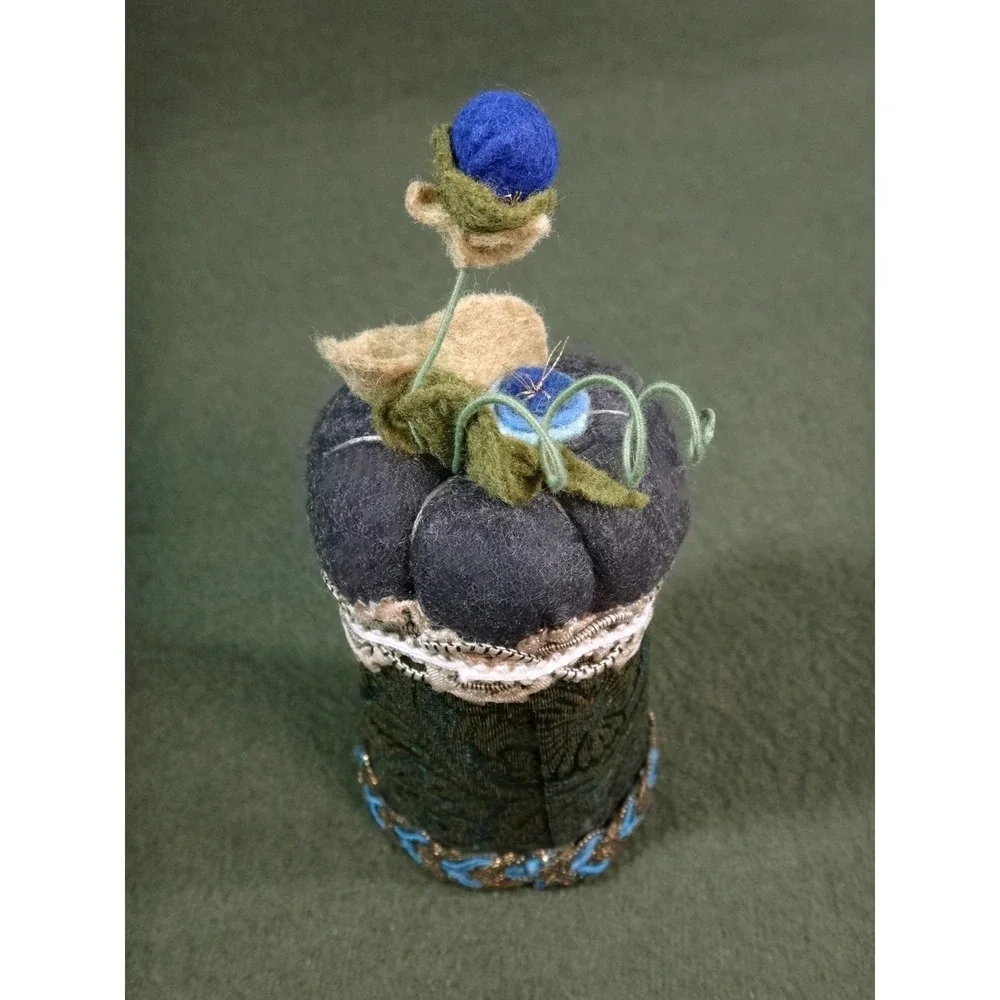 UNUSUAL felt tapestry fabric floral pin cushion HANDCRAFTED